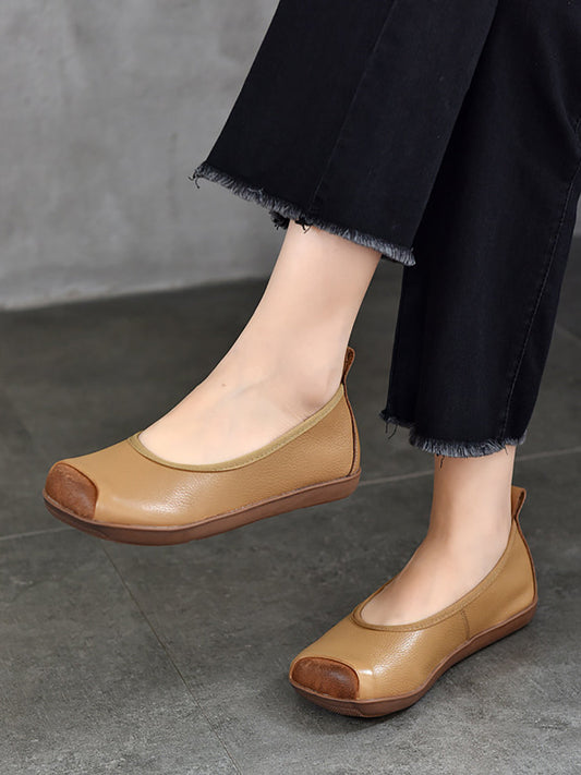 Women Summer Vintage Soft Leather Colorblock Flat Shoes RR1021