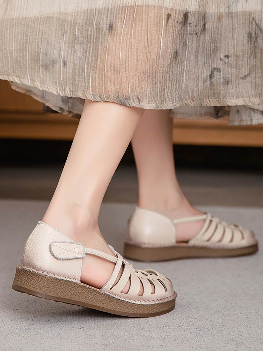 Heel Women Sandals Summer Weave Low Leather