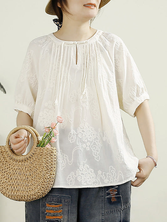 Women Summer Vintage Shirred Embroidery Cotton Shirt HH044