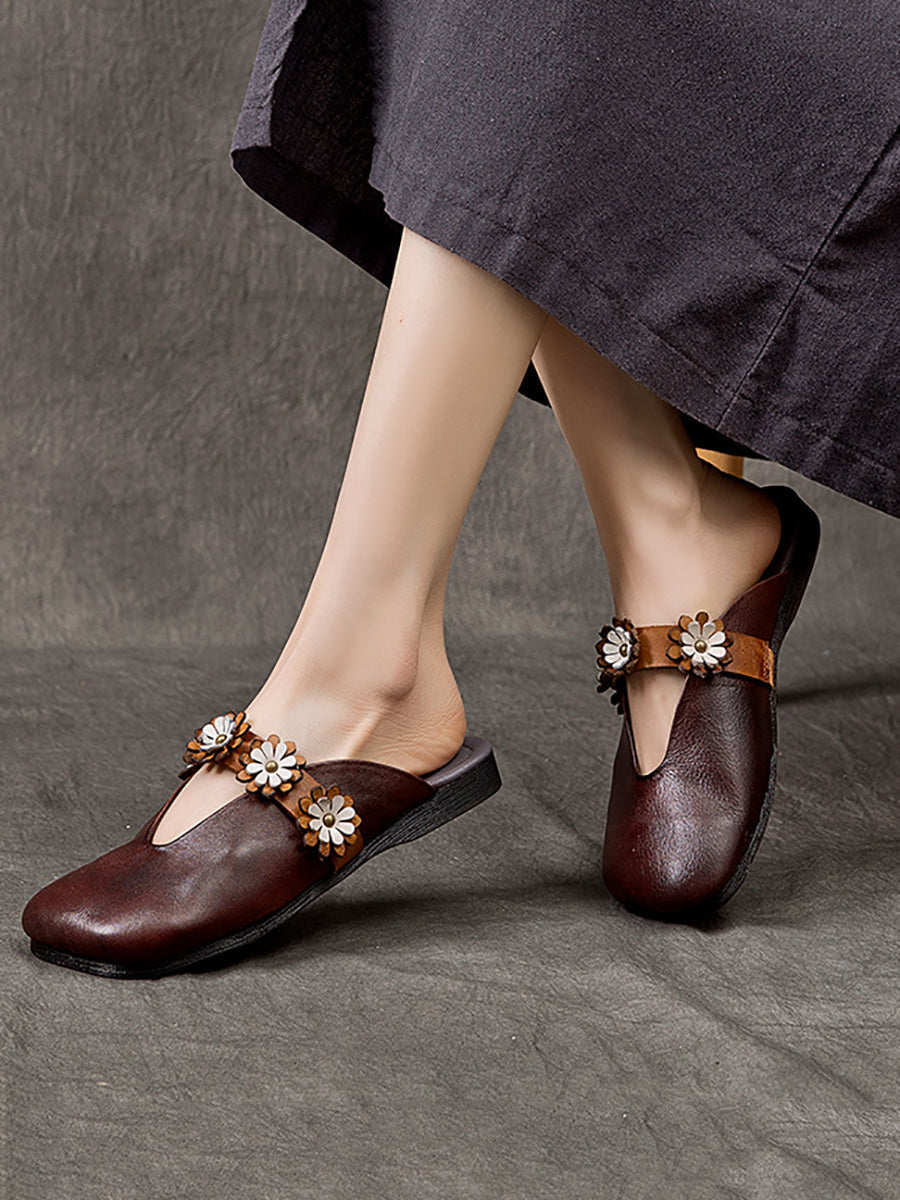 Women Summer Solid Flower Leather Slippers SC1011