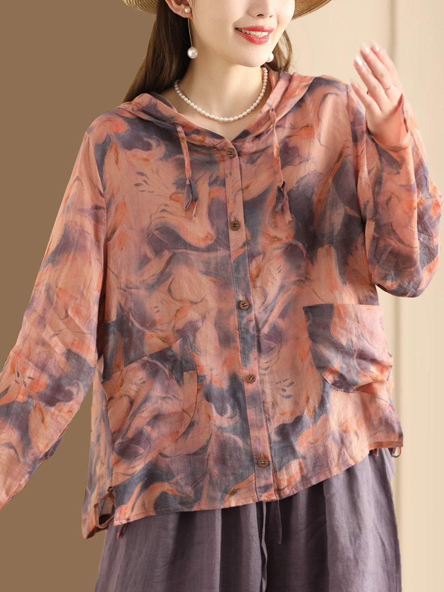 Women Spring Artsy Flower Button-Up Hooded Shirt CO1004