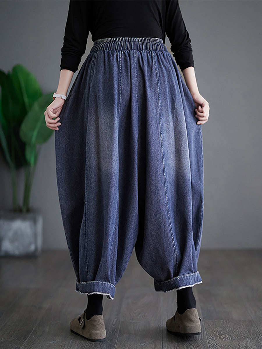 Women Summer Vintage Denim Patch Spliced Harem Pants FD031