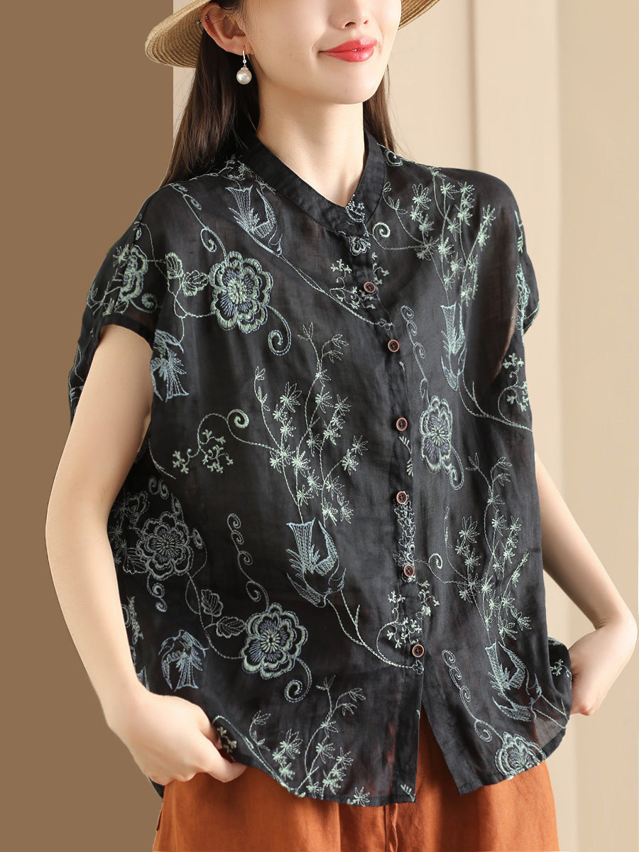 Women Summer Vintage Flower Embroidery Button Ramie Shirt OO1048