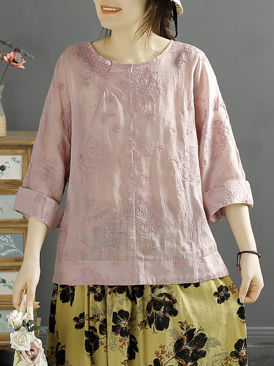 Women Vintage Embroidery Solid Ramie Shirt AA1012