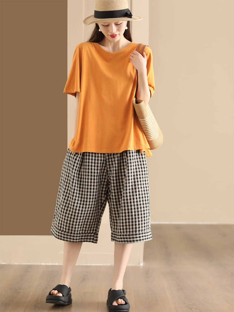 Women Summer Casual Plaid Linen Wide-leg Pants PP1028