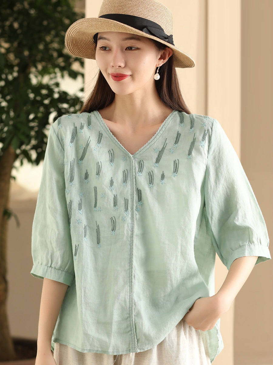 Women Summer Artsy Embroidery V-Neck Ramie Shirt FD005