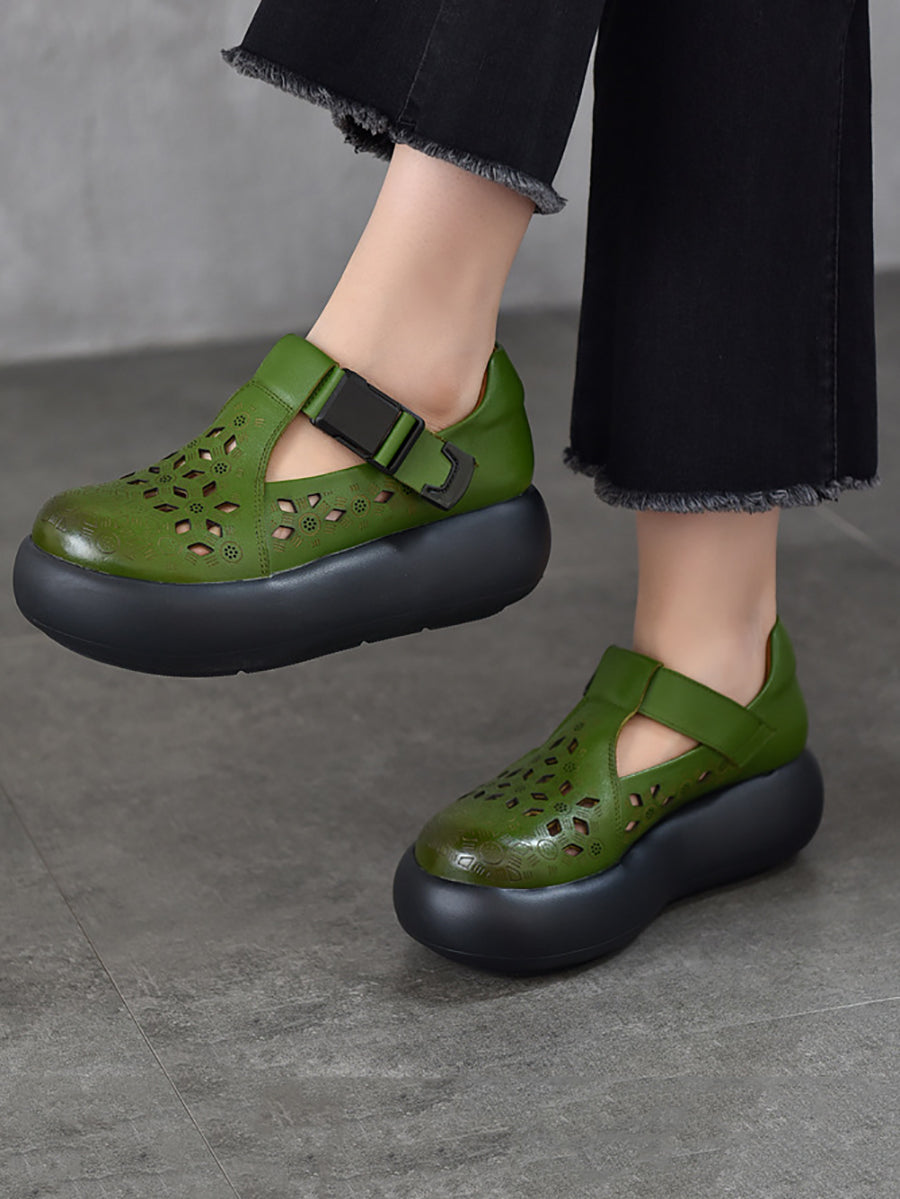 Hollow Out Leather Platform Genuine Casual Women Summer Shoes