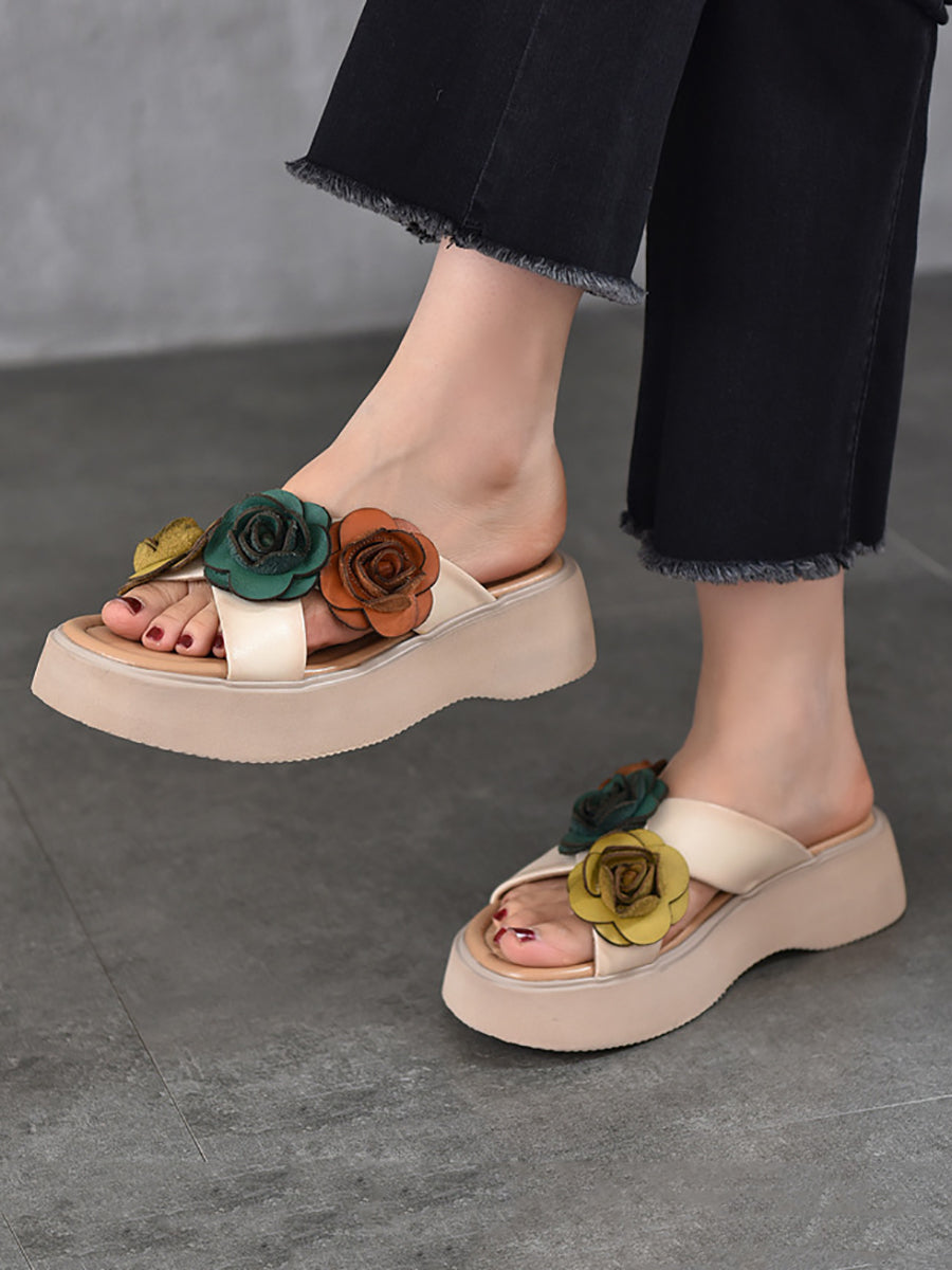 Platform Spliced Leather Summer Women Slippers Flower
