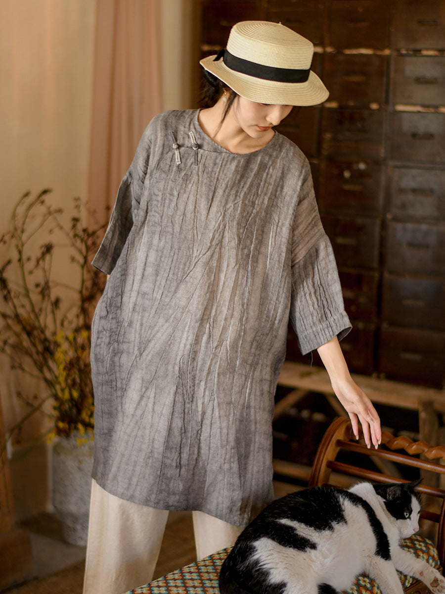 Women Summer Vintage Solid Loose Linen Short Dress II1008