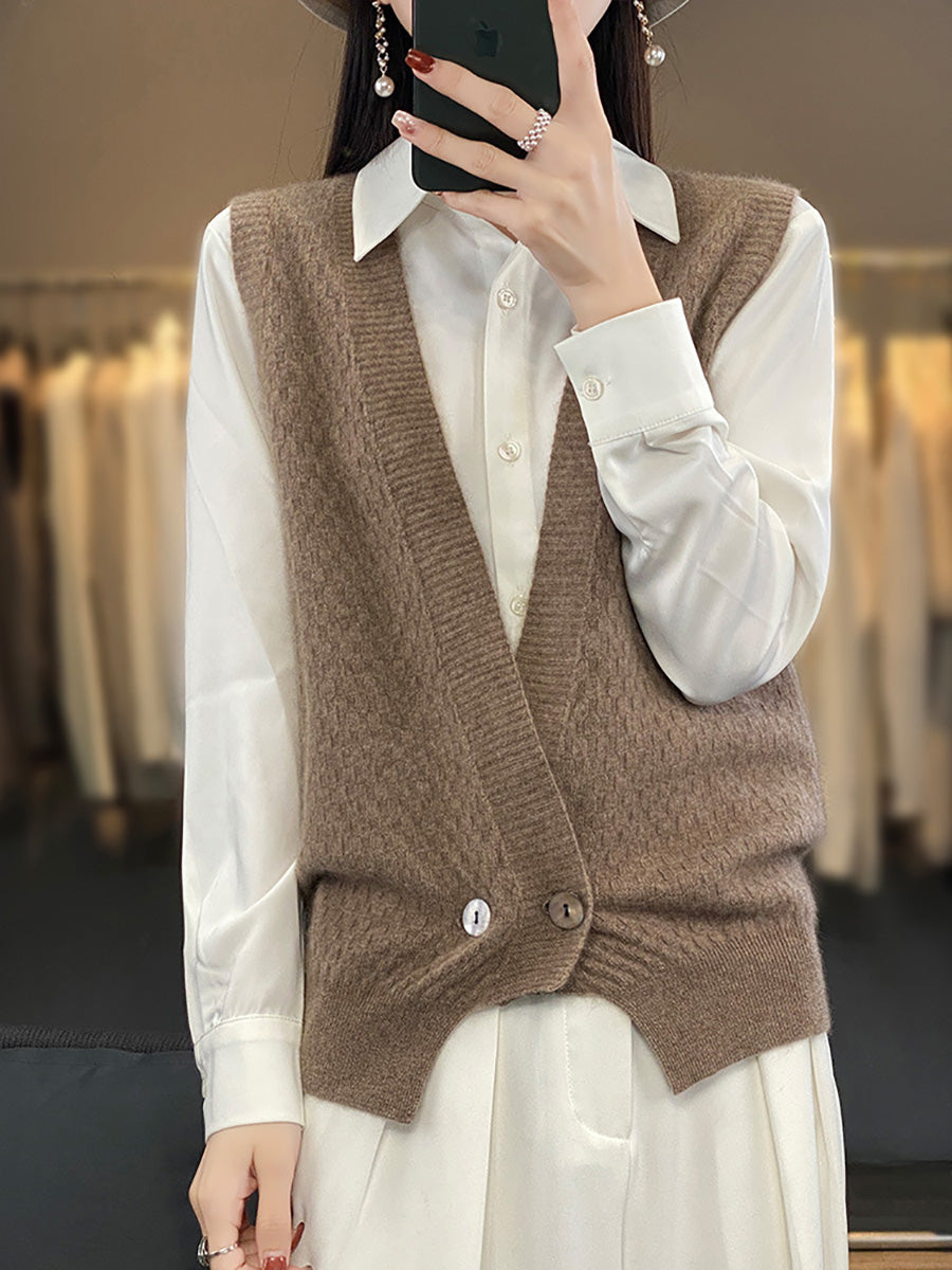 Women Casual Wool Solid V-Neck Irregular Hem Knit Vest AX1079