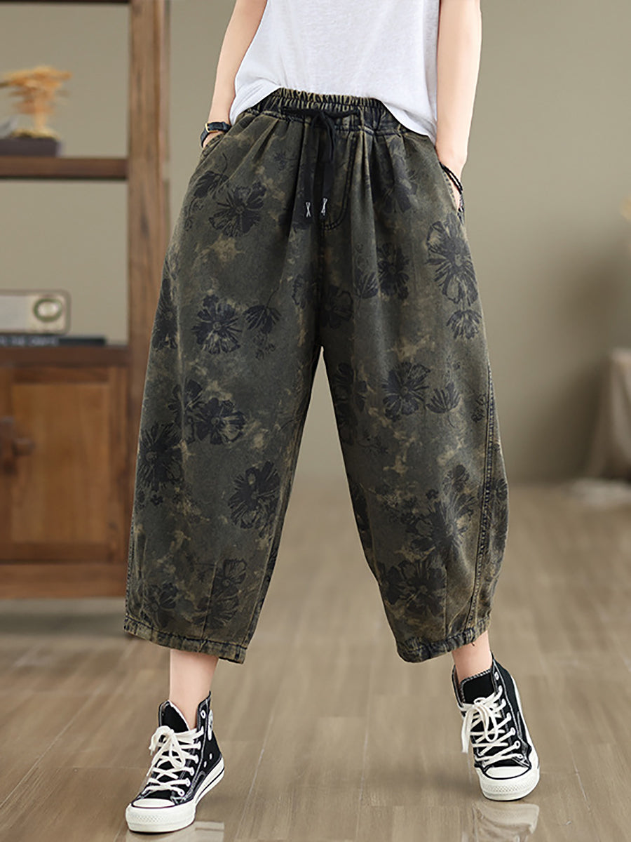 Women Summer Retro Flower  Denim Loose Pants II1003