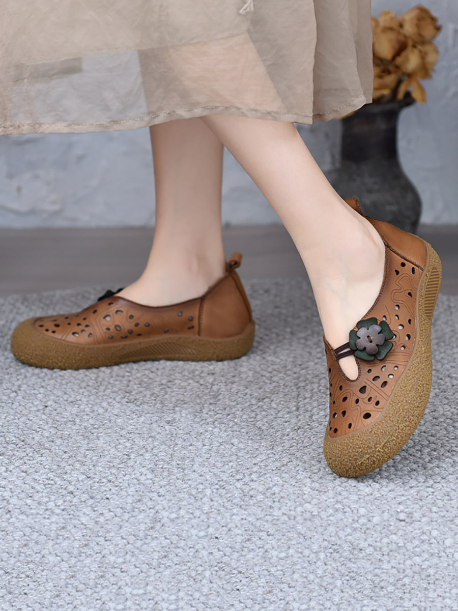 Fashion Women Flower Shoes Out Leather Flat Hollow