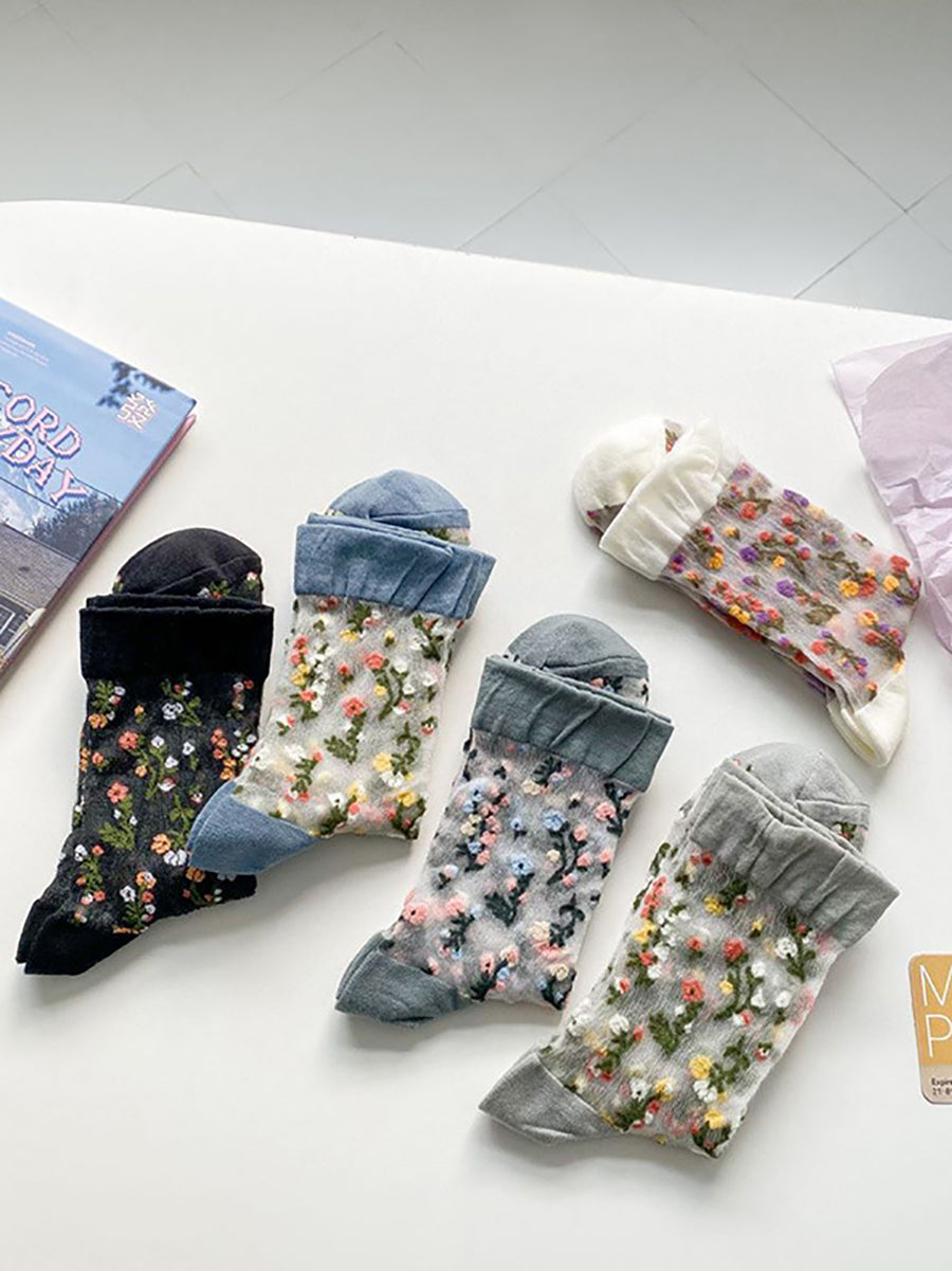 5 Paar dünne Damensocken mit Blumen-Jacquardmuster FG1017