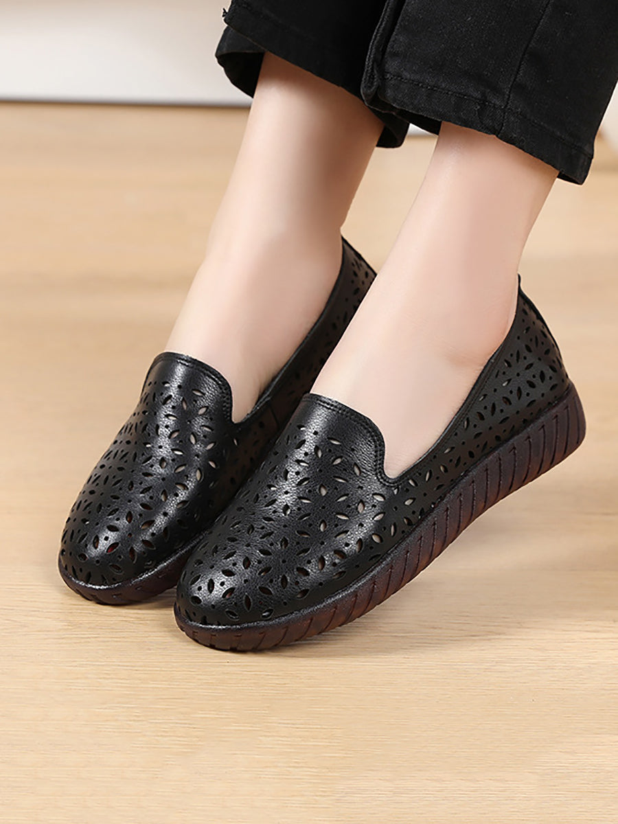 Women Summer Solid Leather Cutout Flat Soft Shoes UI1027
