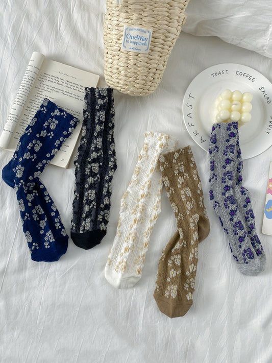 5 Pairs Women Floral Jacquard Cotton Socks AK1035