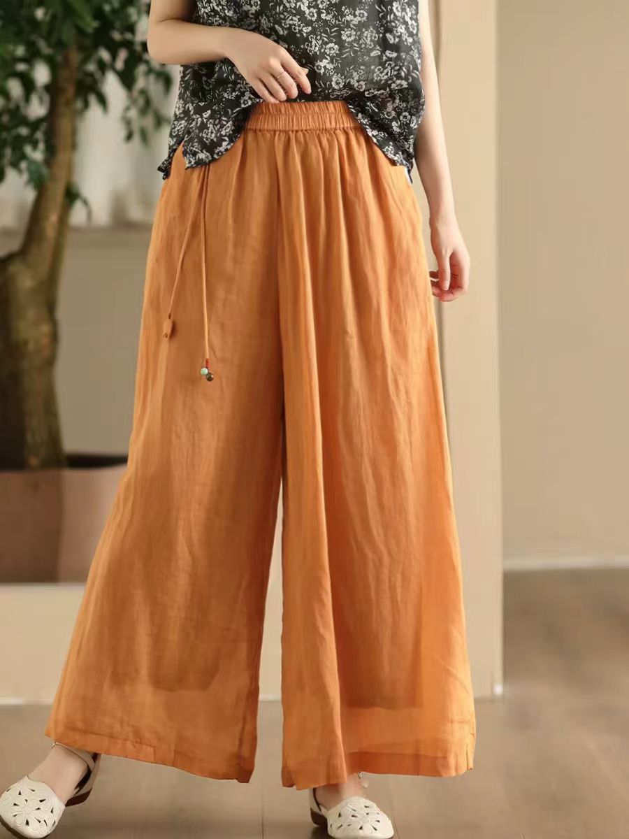 Women Summer Dual-layer Wide-leg Ramie Pants FD049