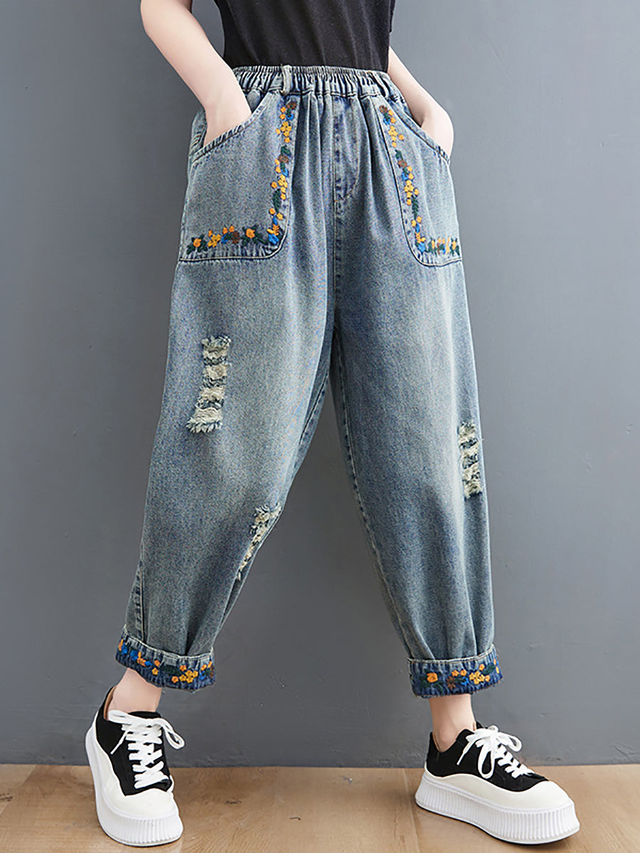 Women Artsy Embroidery Frayed Denim Harem Pants FD006