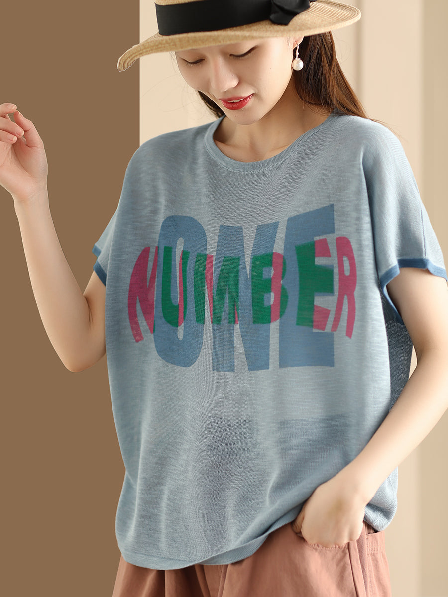 Women Summer Letter Printing Knitted Loose Shirt OP1049