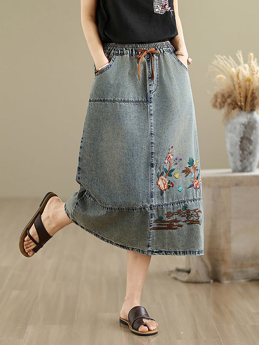 Flower Artsy Spring Embroidery Denim Skirt Women