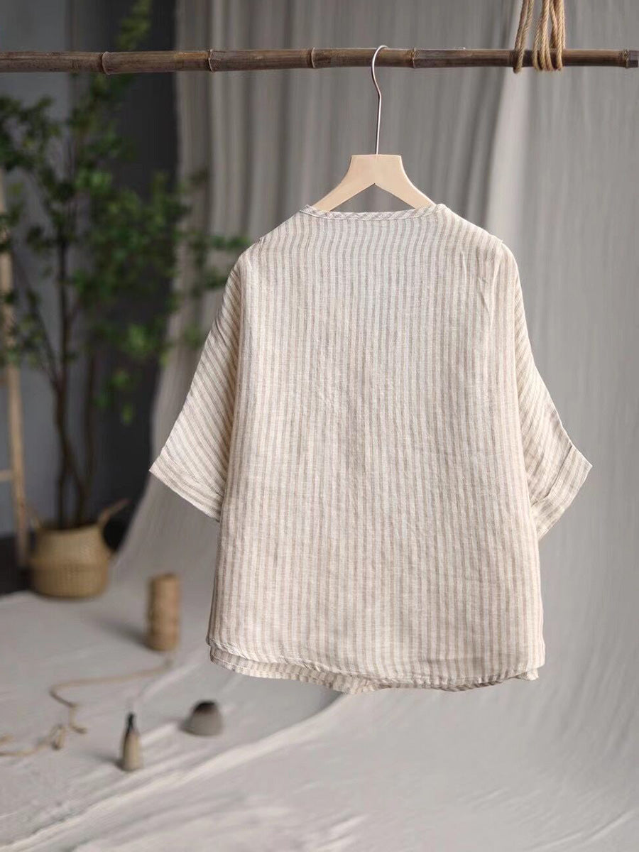 Women Casual Stripe Summer Linen V-Neck Shirt PA1001