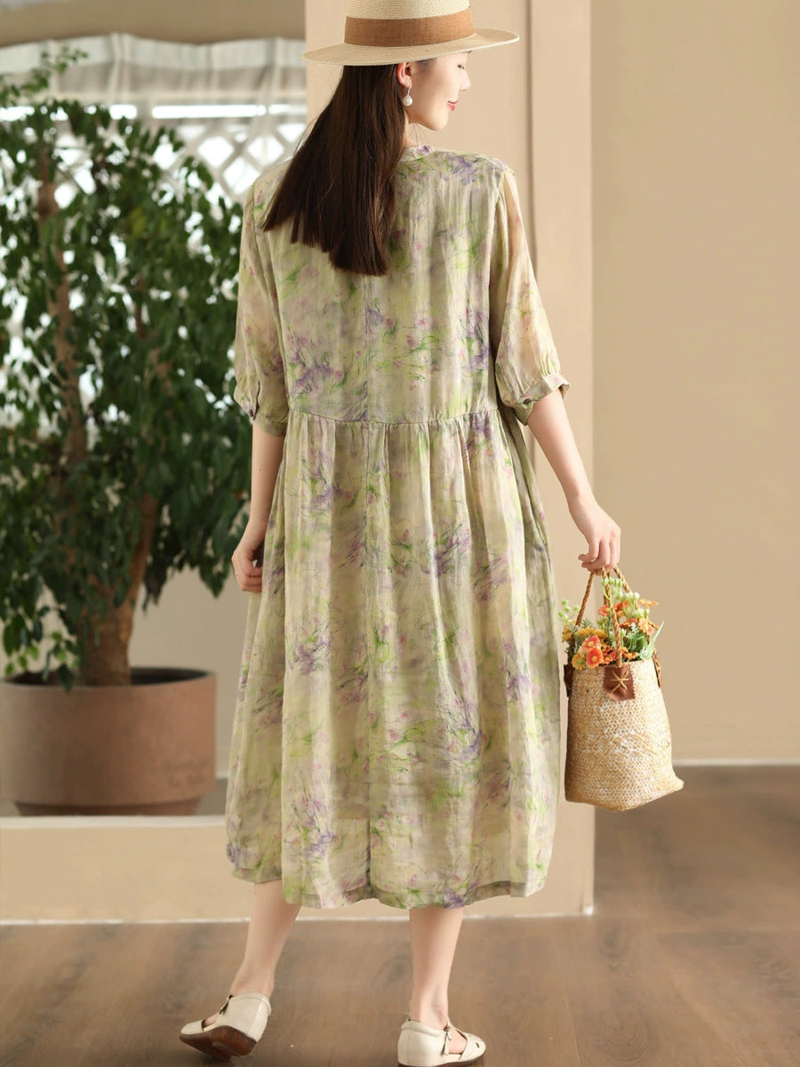 Women Summer Artsy Floral V-Neck Loose Ramie Dress LL020