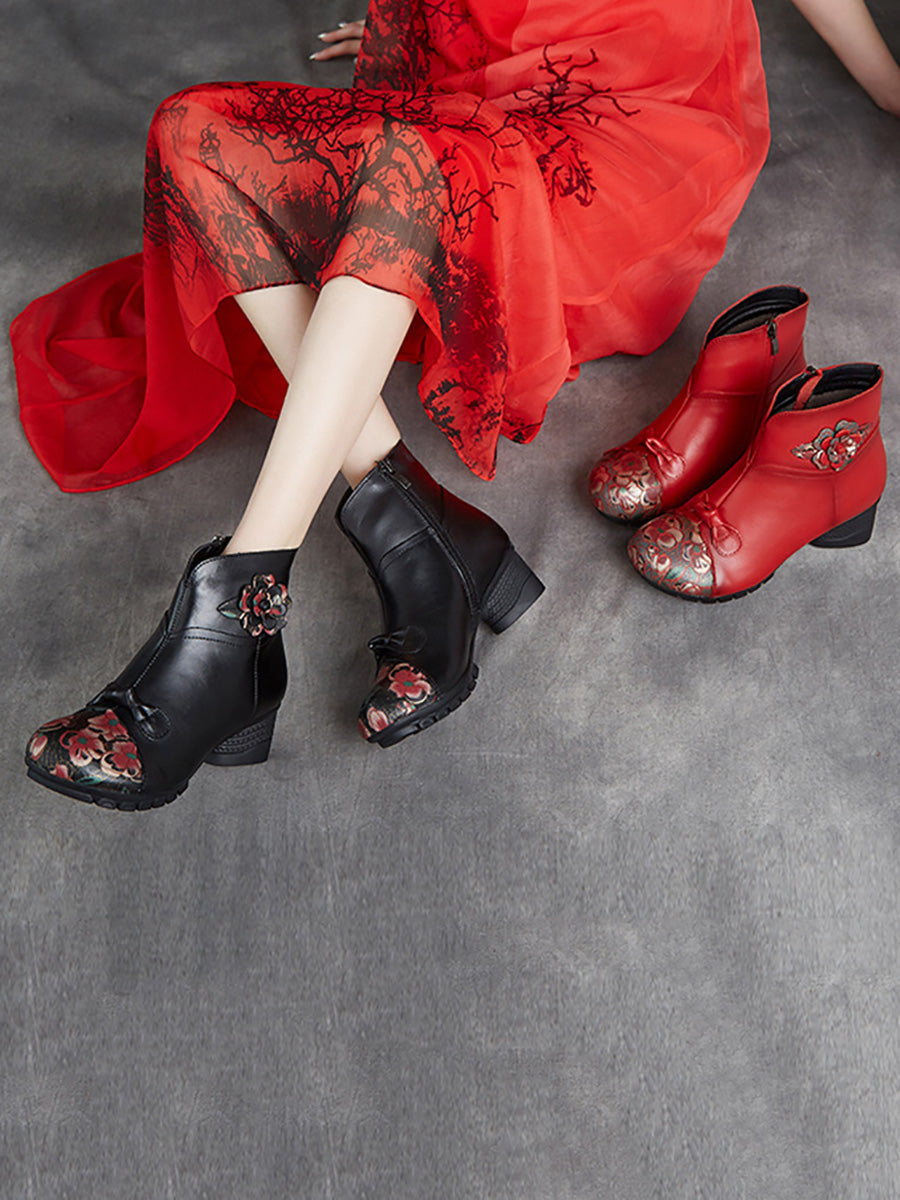 Women Ethnic Autumn Flower Spliced Leather Mid-Heel Boots AI1019