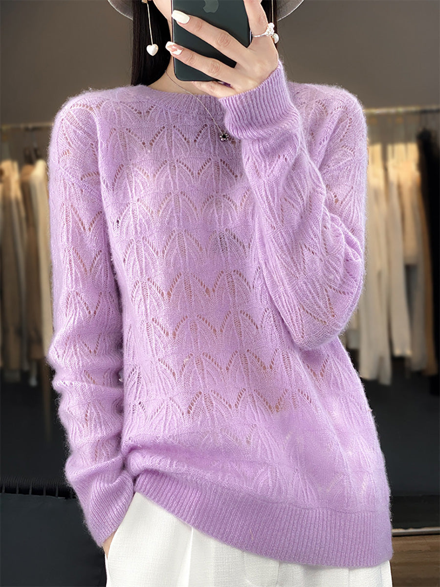 Women Autumn O-Neck Wool Hollow Out Knit Sweater AX1078