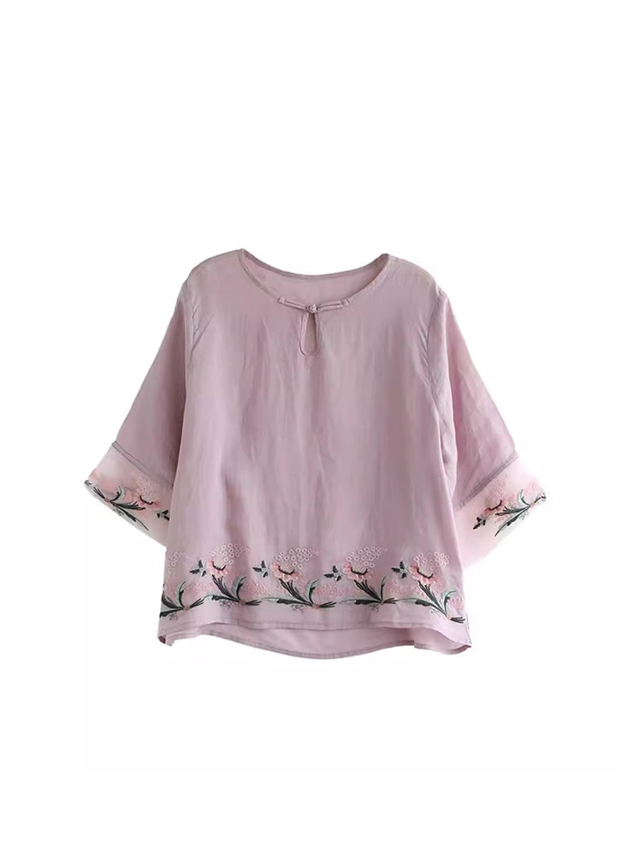 Women Summer Vintage Floral Embroidery Ramie Shirt AS1045