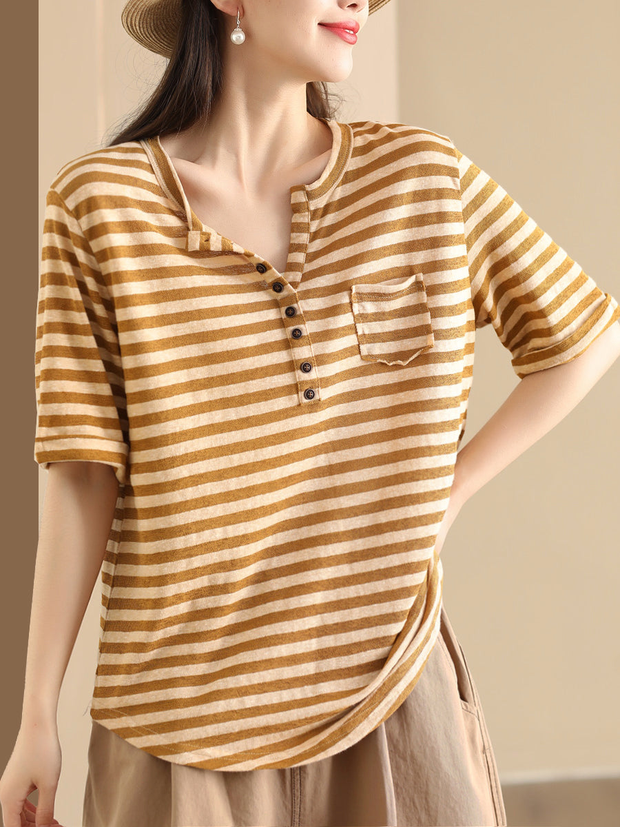 Women Sumer Casual Stripe V-Neck Button Shirt II1019