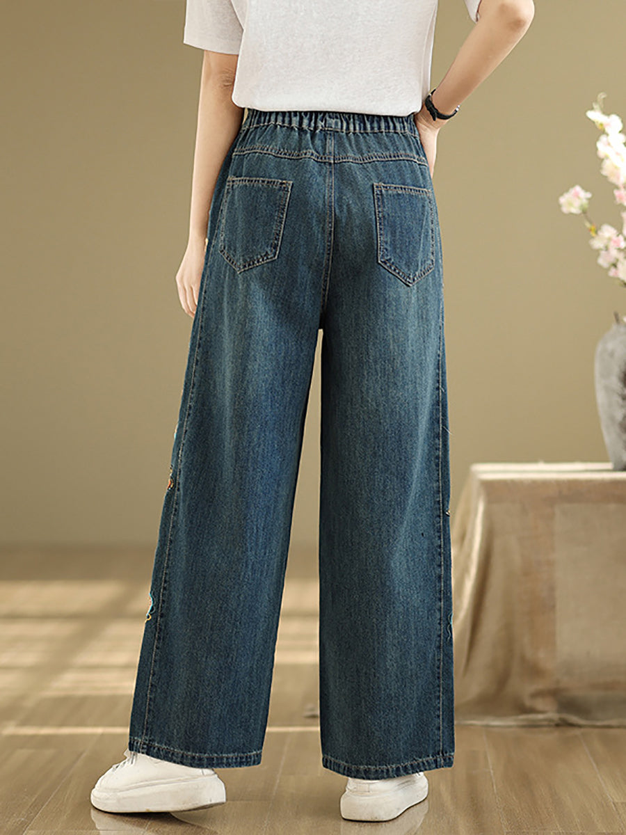 Retro Women Denim Wide-leg Embroidery Pants