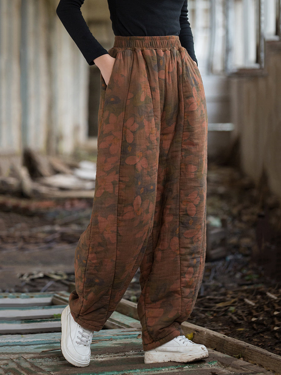 Women Winter Retro Flower Cotton Paaded Harem Pants WU003