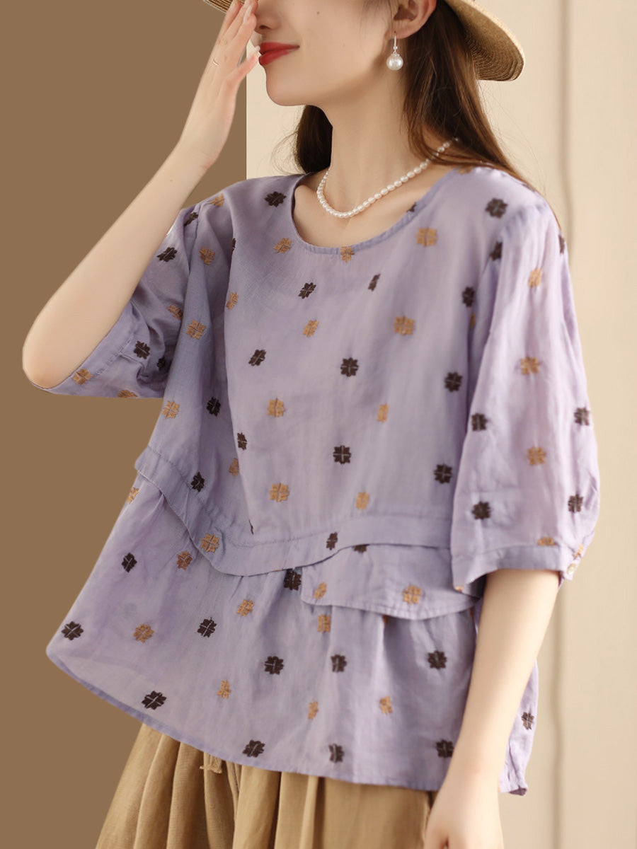 Women Summer Embroidery Spliced Ramie Loose Shirt XX1046