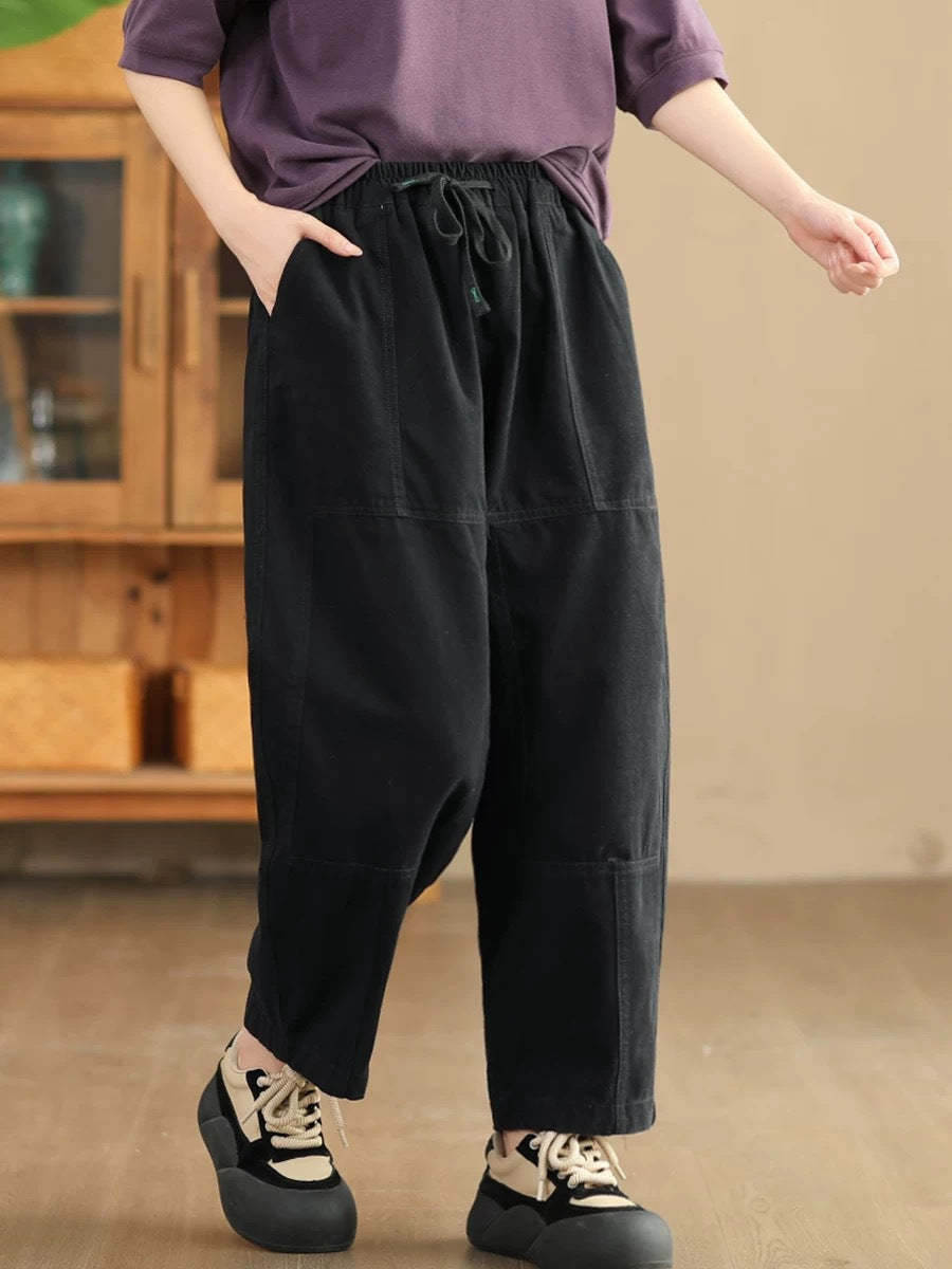 Women Autumn Vintage Solid Spliced Pocket Harem Pants AI1030