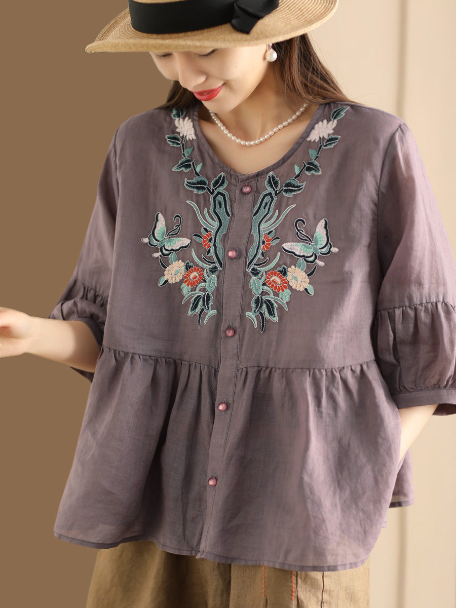 Women Ethnic Flower Embroidery Summer Ramie Shirt QW1015