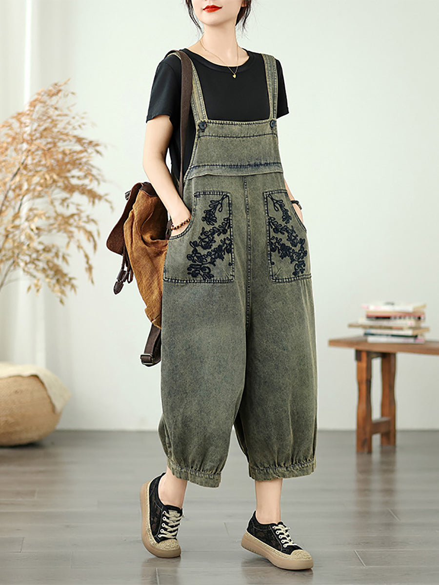 Women Flower Denim Summer Embroidery Jumpsuits Long