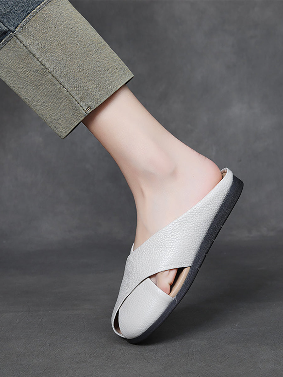 Women Summer Solid Leather X-Spliced Flat Slippers UI1032