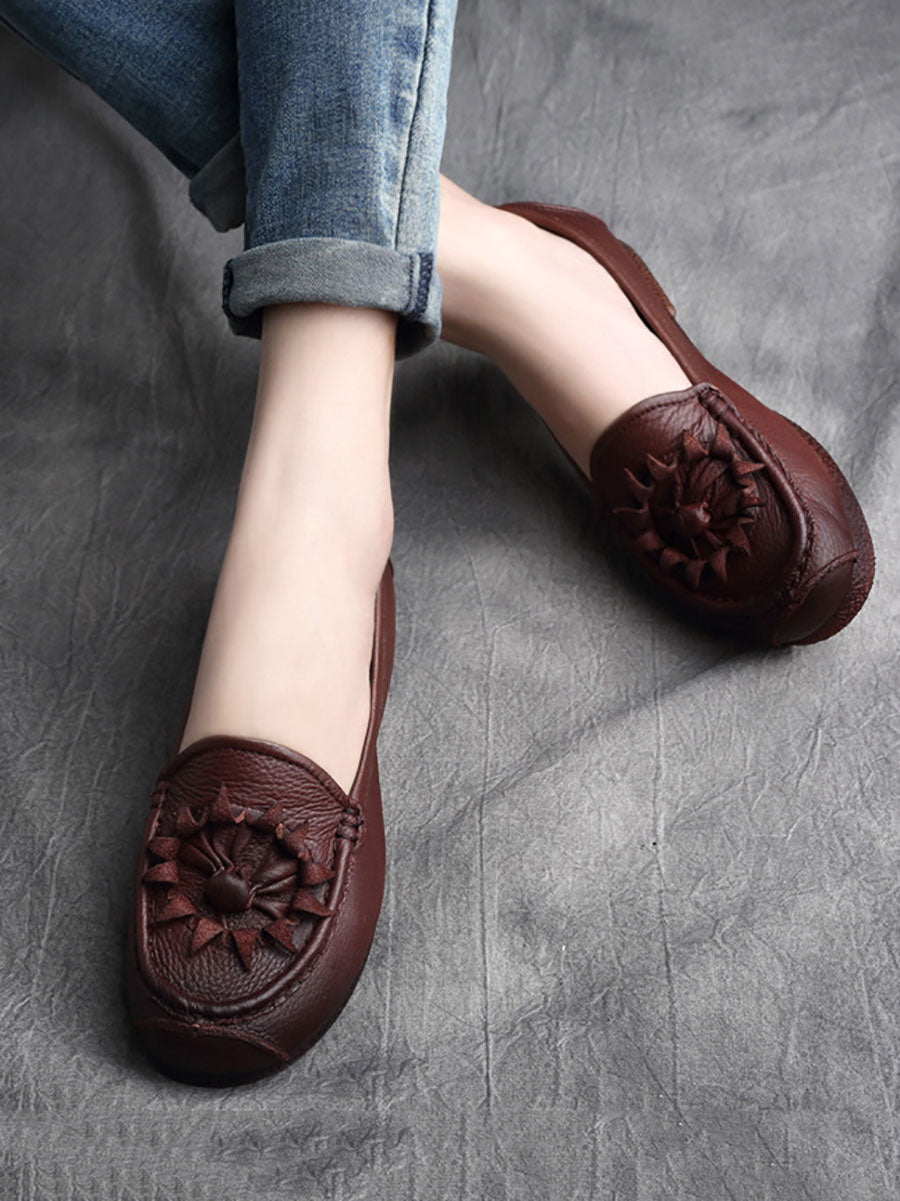 Women Vintage Flower Genuine Leather Low Heel Shoes AS1005