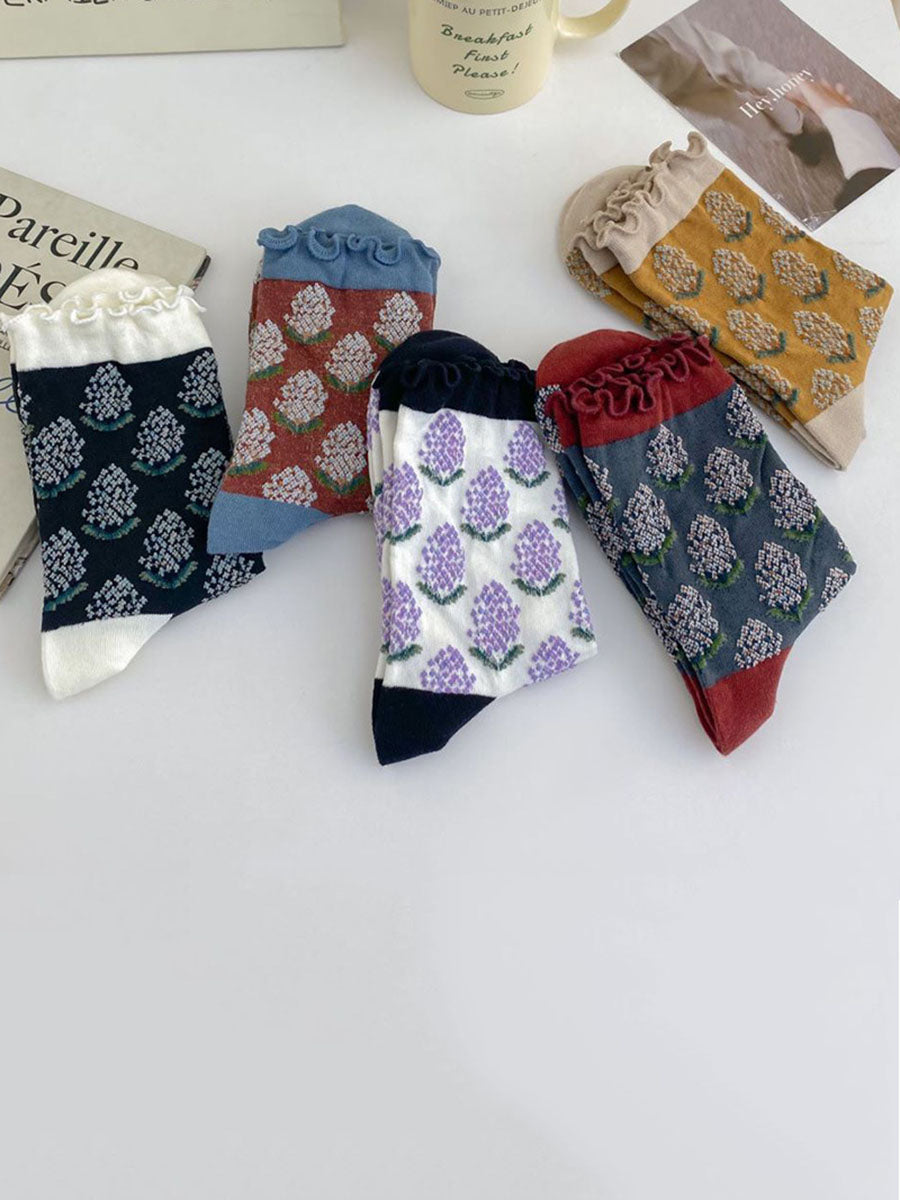 5 Pairs Women Artsy Foral Embroidery Colorblock Cotton Socks AV1043