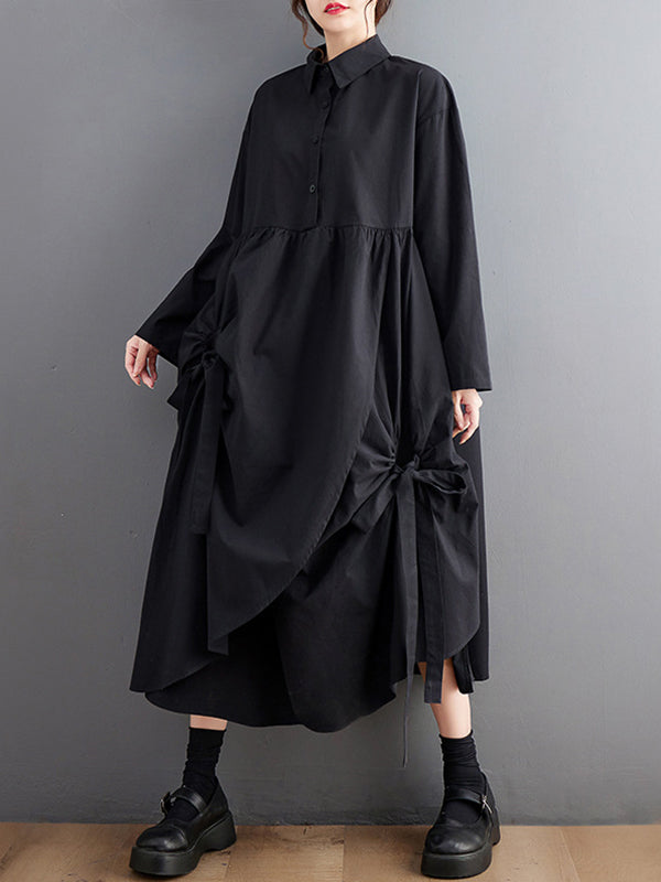 Stylish Black Lapel Buttoned Drawstring Pleated Tied Pockets Sleeves Shirt Dress WS004