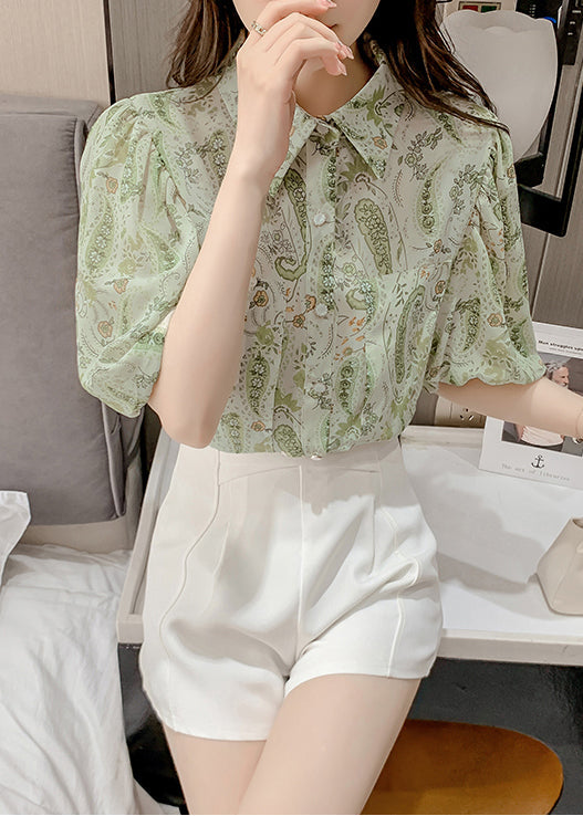 Peter Green Pan Collar Elegant Top Lantern Print Chiffon Shirt