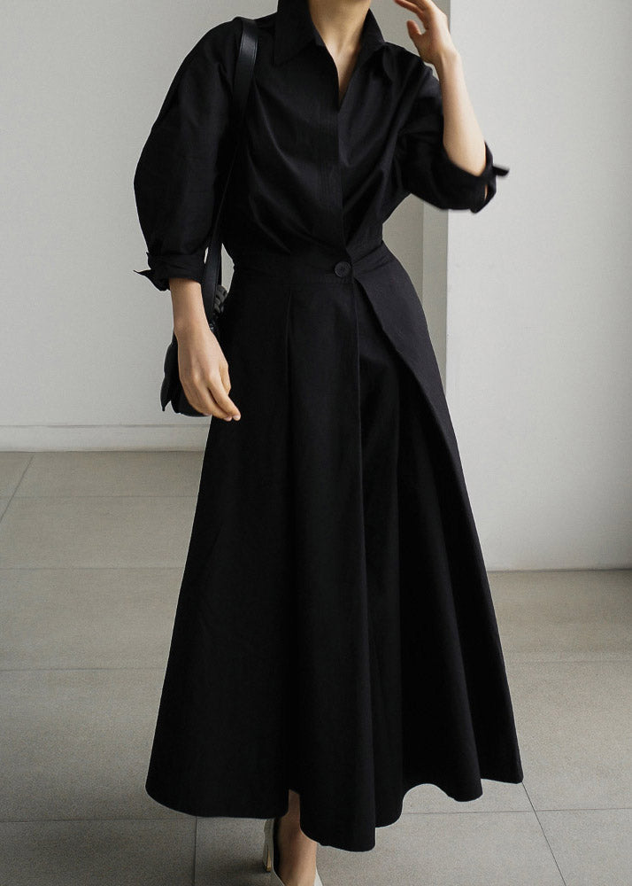 Black Long Sleeve Wrinkled Cotton Dresses Button