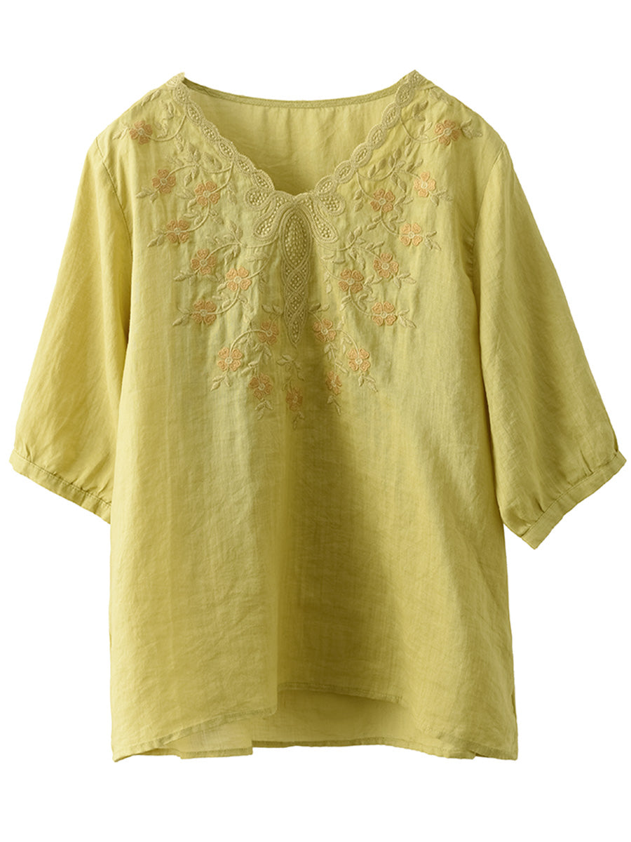 Women Summer Artsy Flower Embroidery Ramie V-Neck Shirt CC030