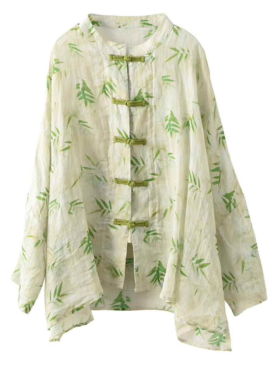 Damen Sommer Artsy Flower Button-Up Ramie Shirt HH016