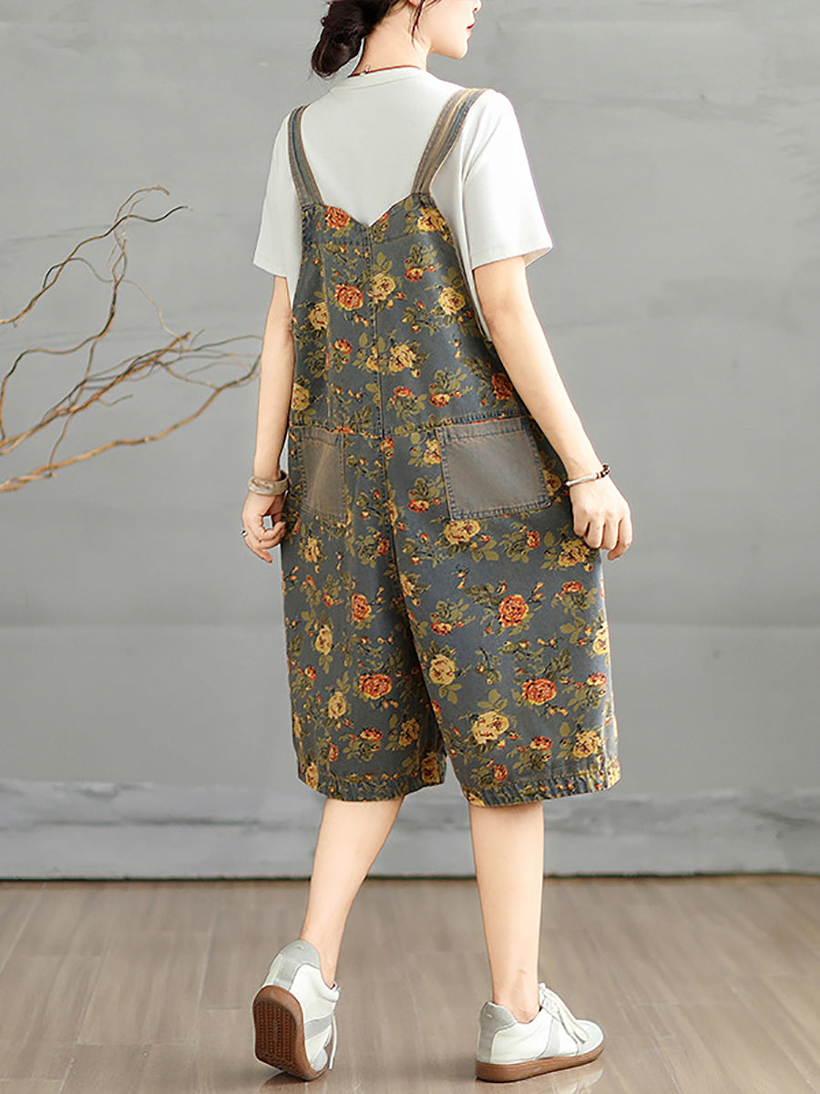 Women Flower Denim Jumpsuits Artsy Short Summer