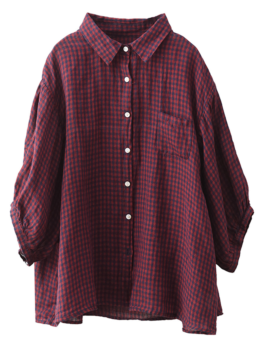 Women Summer Vintage Plaid Button-Up Linen Shirt PP1034