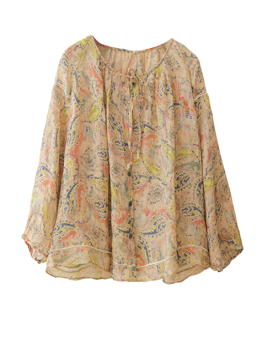 Chemise boutonnée d'été en ramie à fleurs vintage pour femmes RR1013