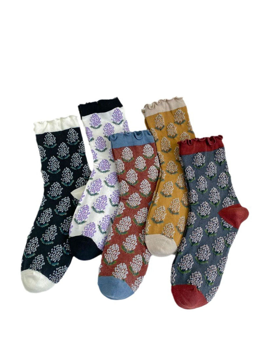 5 Pairs Women Artsy Foral Embroidery Colorblock Cotton Socks AV1043