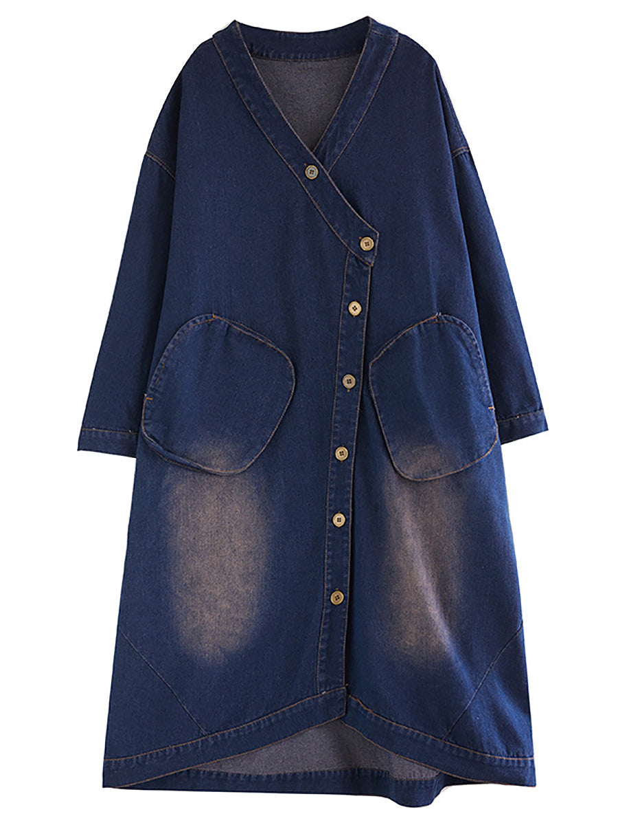 Women Autumn Worn V-Neck Washed Denim Long Coat AX1080