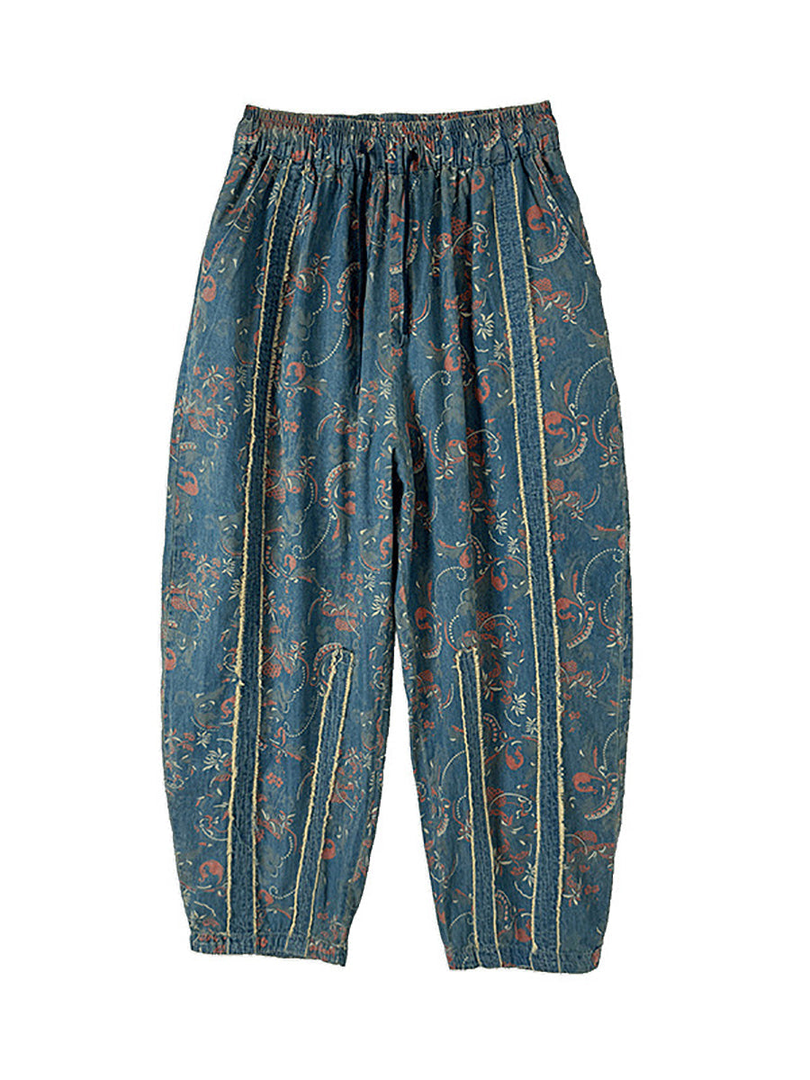 Women Patchwork Flower Denim Pants Harem Retro