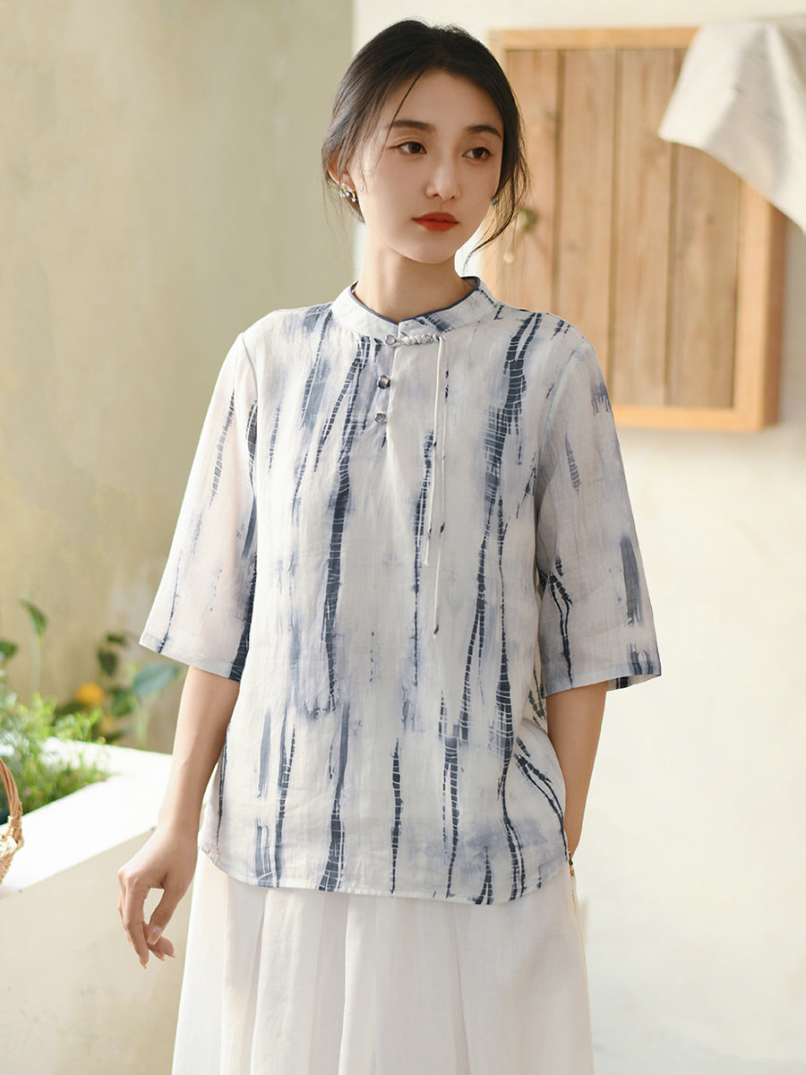 Women Summer Ethnic Print Loose Stand Collar Ramie Shirt II1010